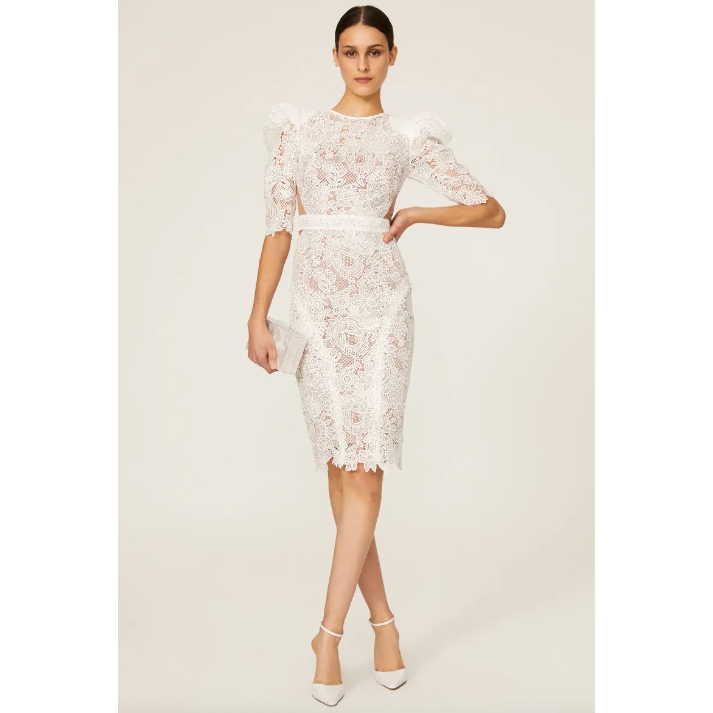 Bronx & Banco Madeleine Guipure Lace Puff Sleeve Sheath Dress White Us 4 Nwot
